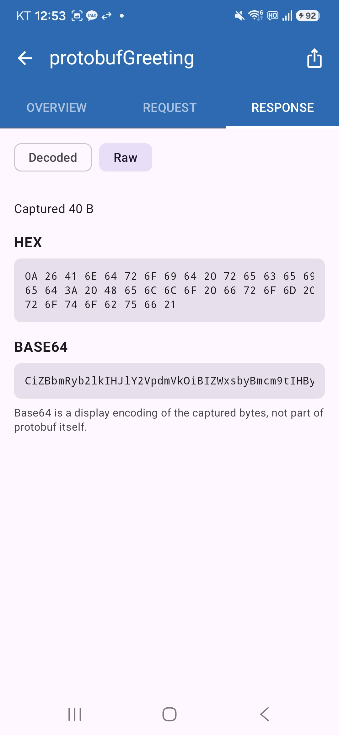 Raw protobuf response as Hex and Base64 in Dari